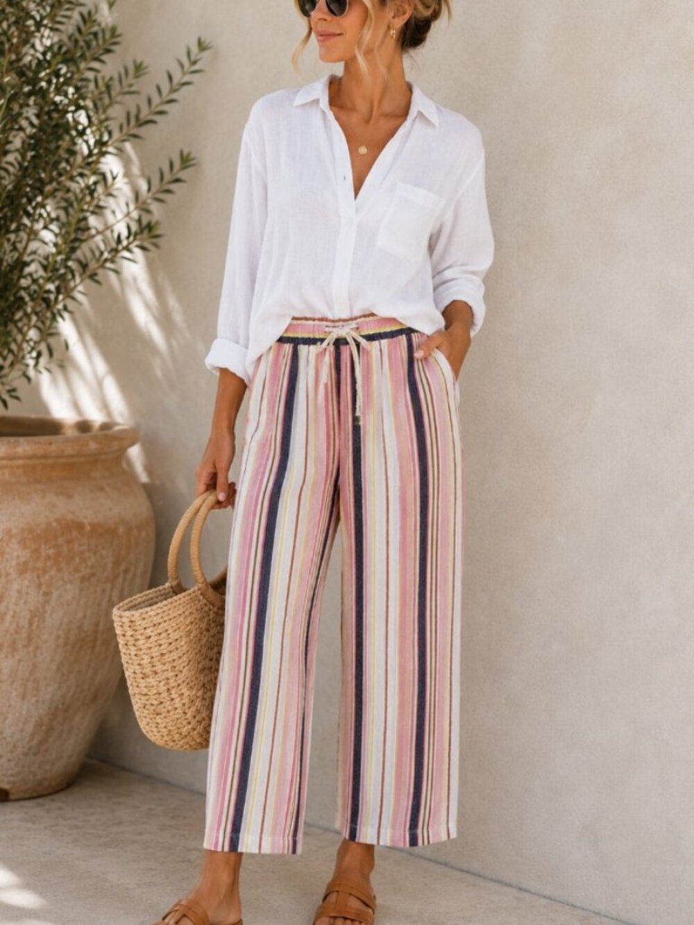 Old Navy Linen Blend Striped Wide Leg Pants Small Coastal Boho Vacation Trousers